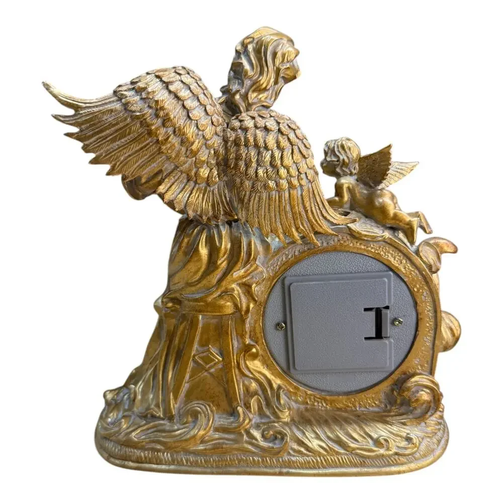 Vintage Crosa Angel Cherub Mantel Clock Gold Quartz Lyre Harp Table Decor 10”